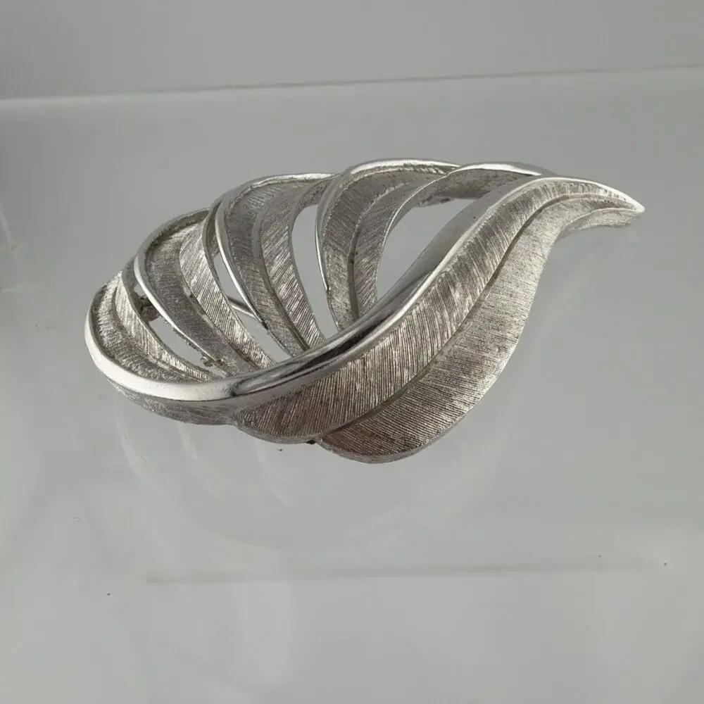 Vintage Trifari Brushed Silver Tone Leaf Brooch